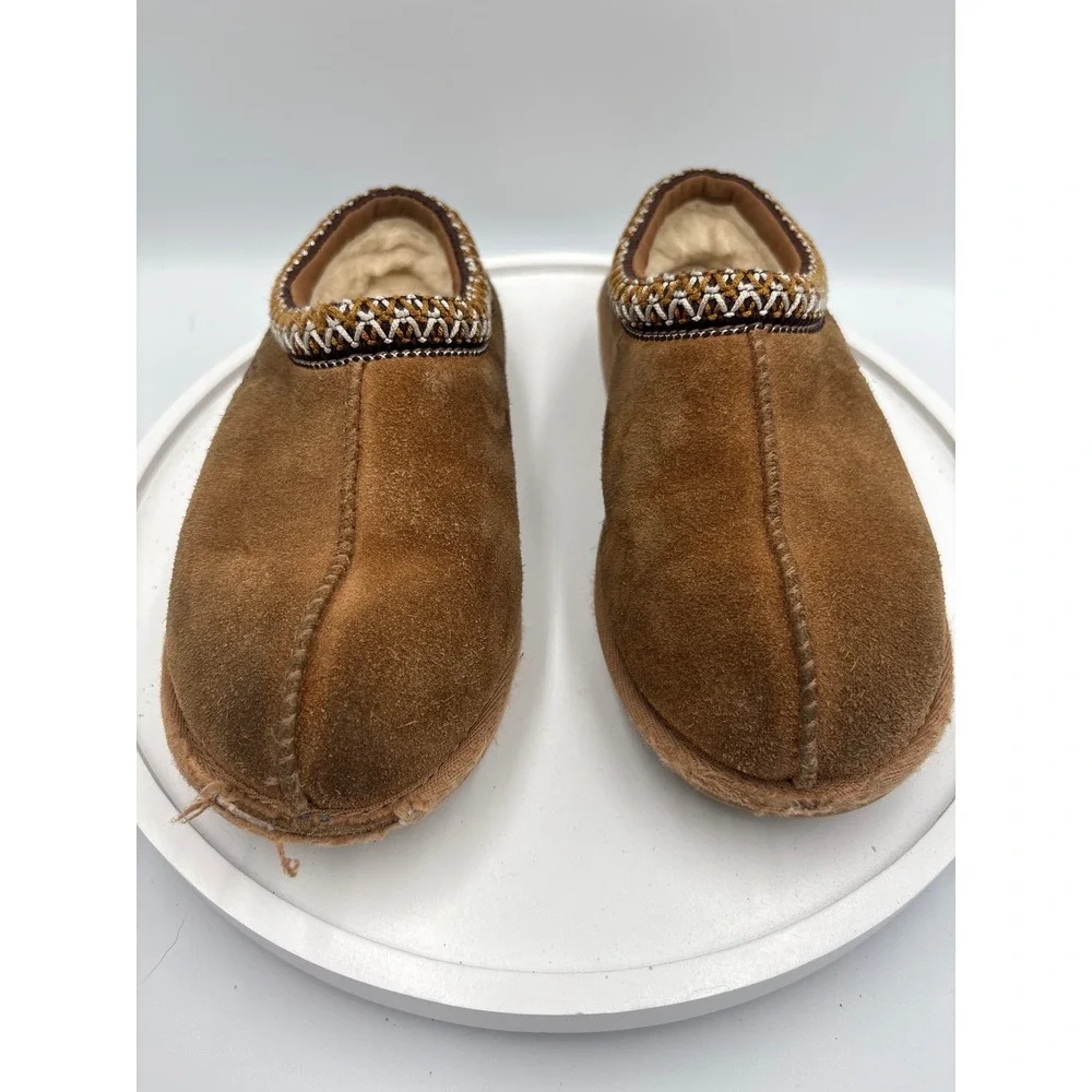 UGG Tasman Slippers Big Kids Size 1 Chestnut Boho Cozy Suede Braid Trim 10190
